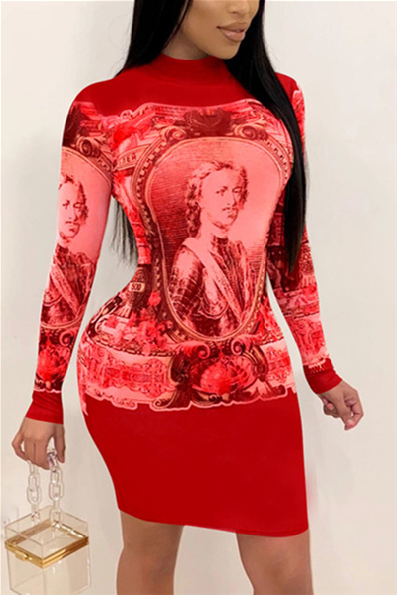 Red Fashion Regular Sleeve Long Sleeve Half A Turtleneck Printed Dress Knee Length Print Dresses