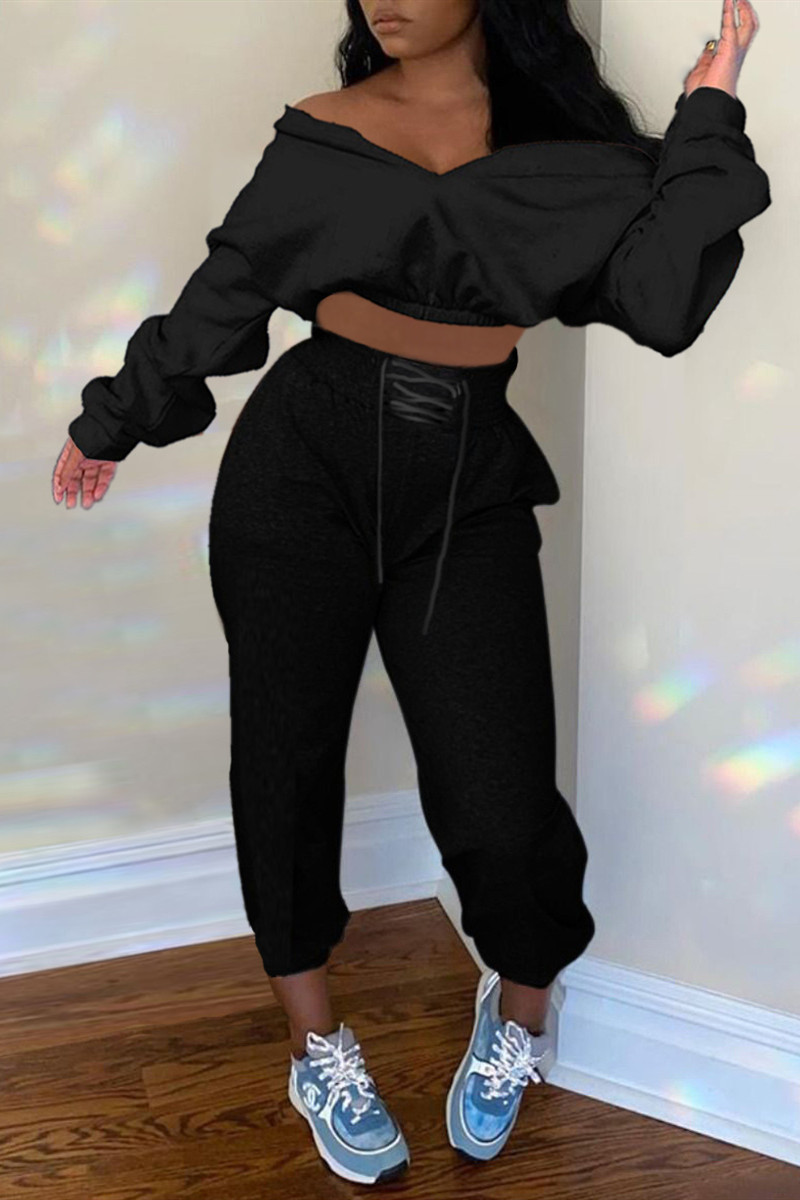 Black Casual Long Sleeve Off The Shoulder Short Solid Two Pieces