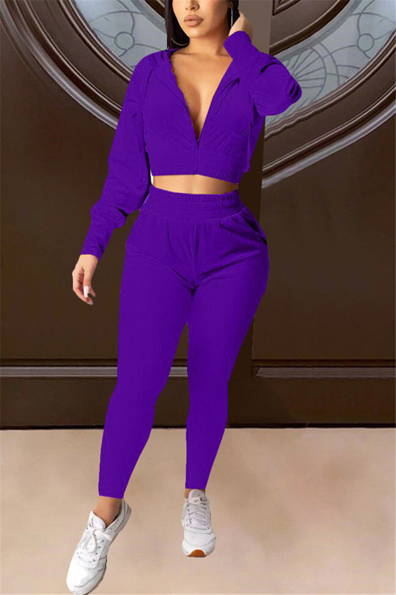 Purple Casual Sportswear Long Sleeve Hooded Collar Regular Sleeve Short Solid Two Pieces