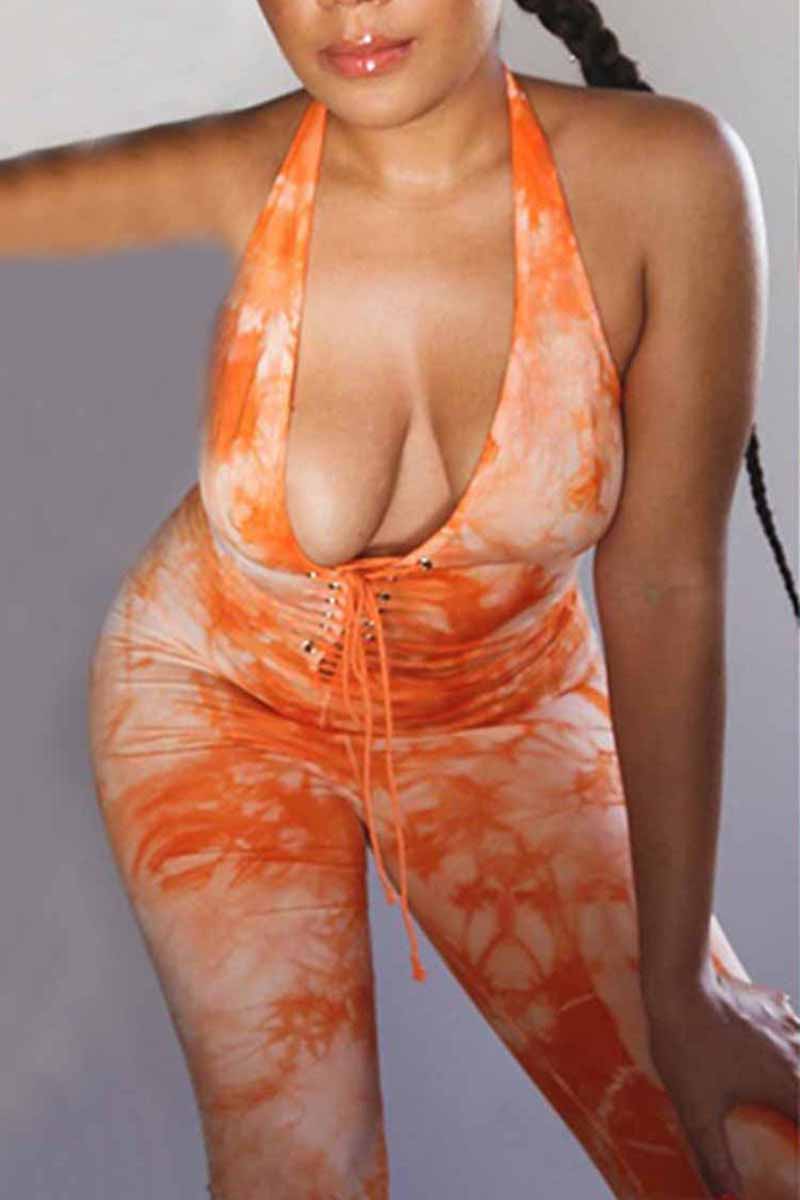 Orange Fashion Sexy V Neck Sleeveless Off The Shoulder Skinny Print Jumpsuits