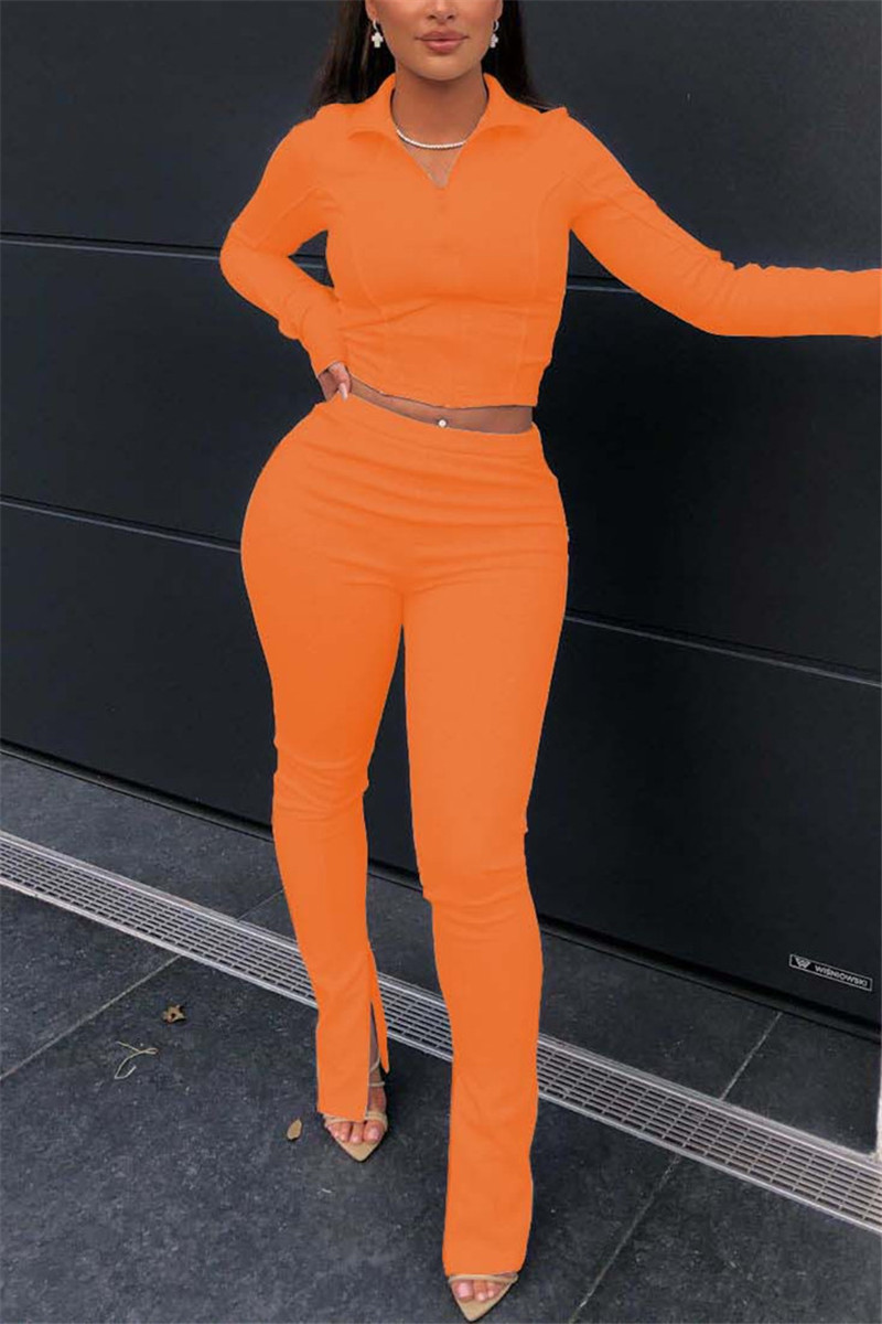Orange Fashion Casual Long Sleeve Turndown Collar Regular Sleeve Short Solid Two Pieces