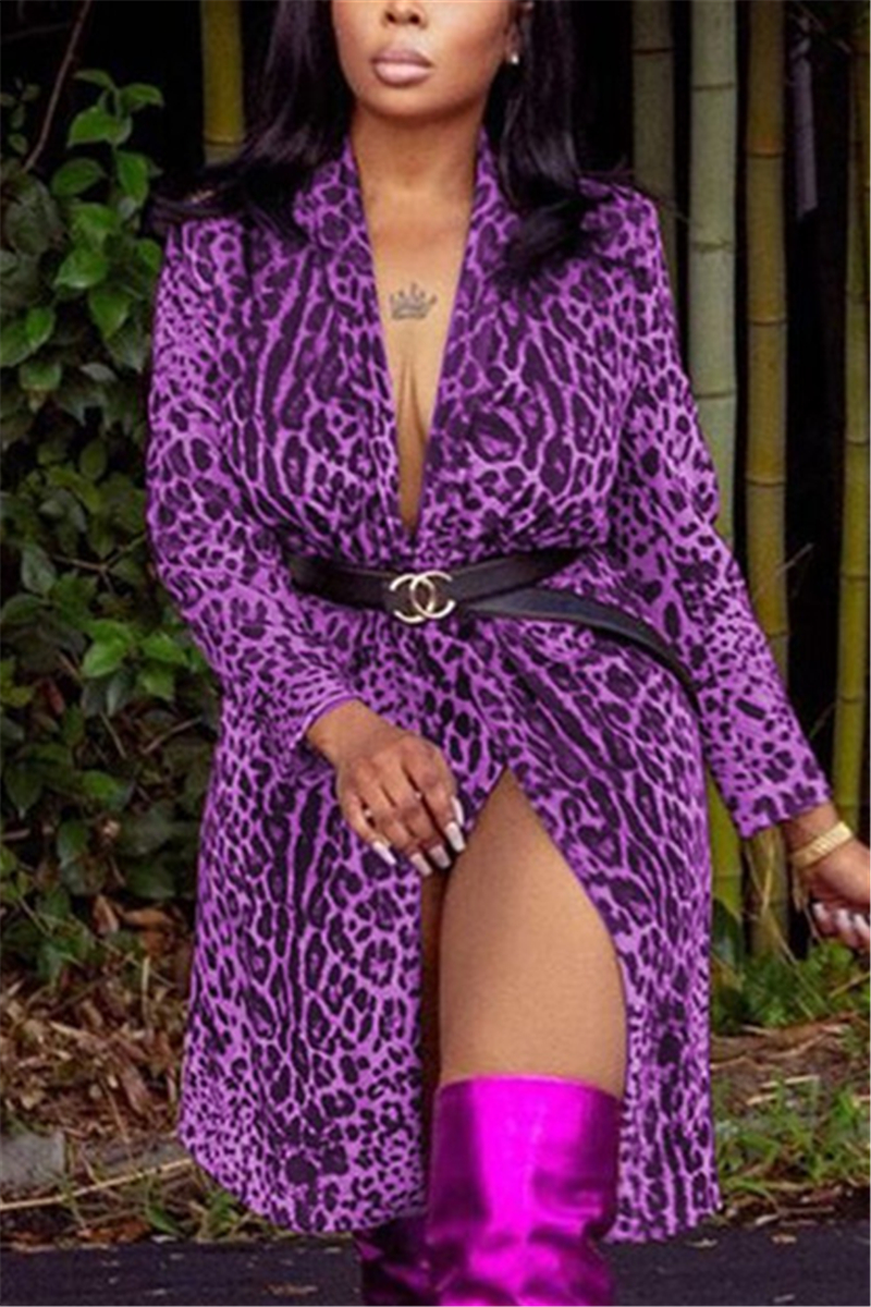 Purple Fashion Casual Turn-back Collar Long Sleeve Leopard Print Coats (Without Belt)