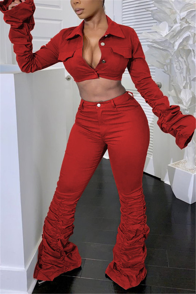 Red Fashion Long Sleeve Turndown Collar Regular Sleeve Short Solid Two Pieces