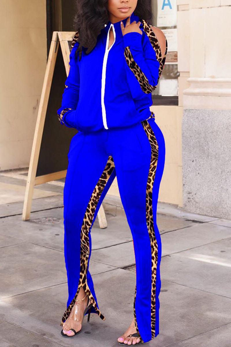 Royal Blue Fashion Casual Sportswear Long Sleeve Zipper Collar Regular Sleeve Regular Patchwork Leopard Two Pieces
