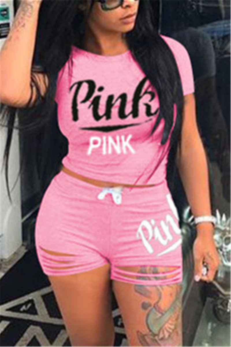 Pink Fashion Casual Short Sleeve O Neck Regular Sleeve Short Letter Print Two Pieces