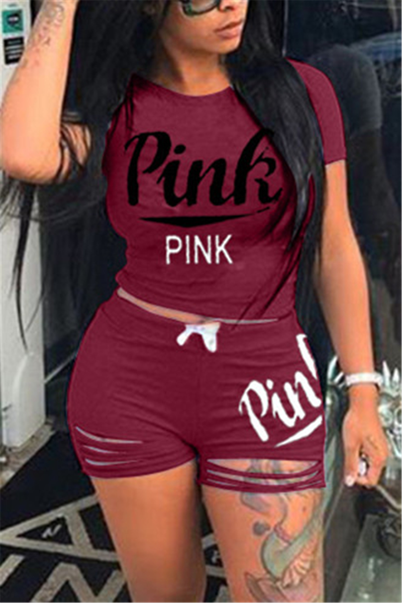 Wine Red Fashion Casual Short Sleeve O Neck Regular Sleeve Short Letter Print Two Pieces