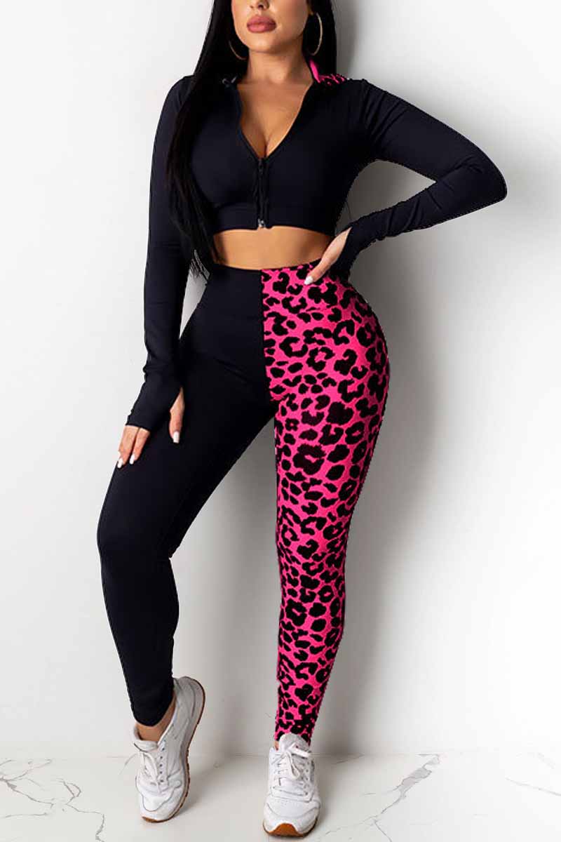 Rose Red Fashion Casual Sportswear Long Sleeve Zipper Collar Regular Sleeve Short Patchwork Leopard Two Pieces