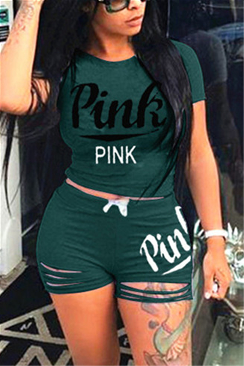 Green Fashion Casual Short Sleeve O Neck Regular Sleeve Short Letter Print Two Pieces