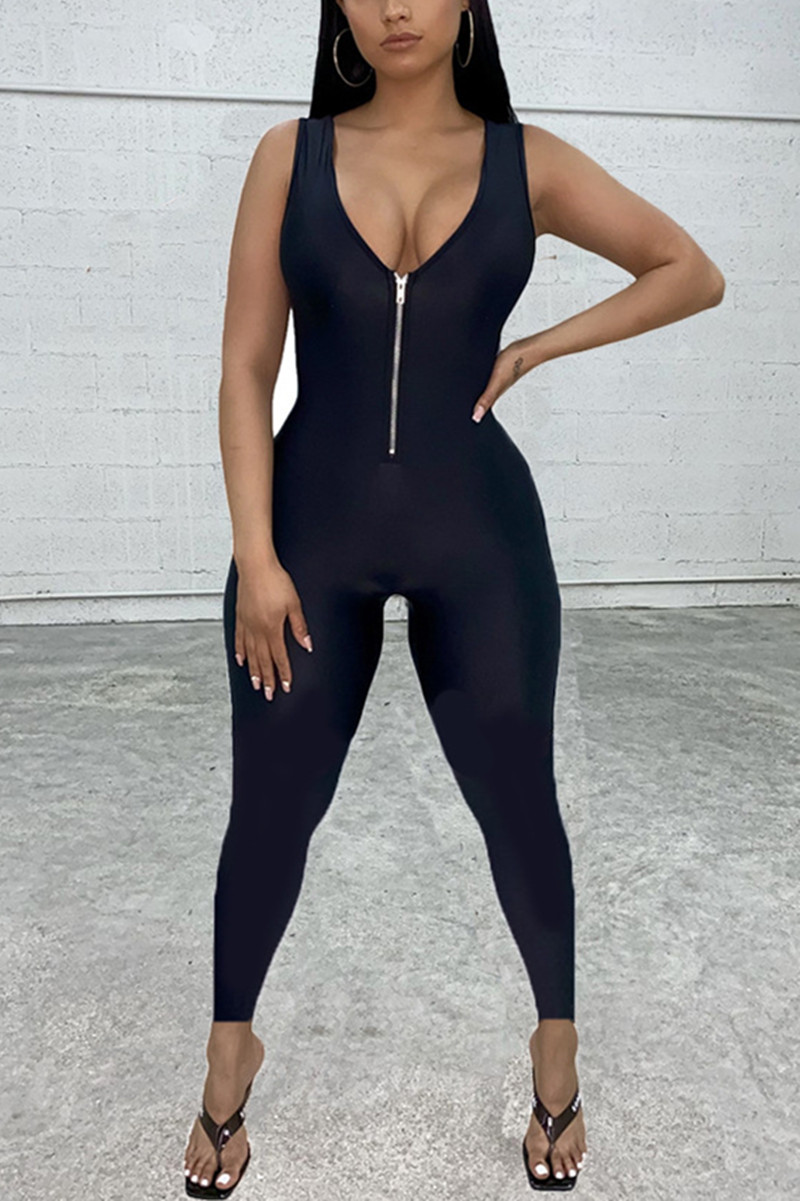 Black Fashion Sexy V Neck Sleeveless Tank Skinny Solid Jumpsuits