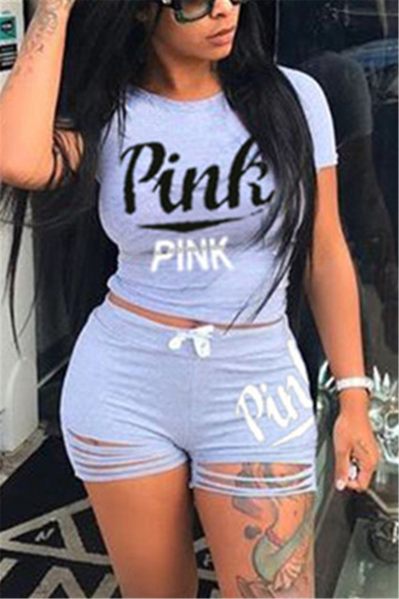 Gray Fashion Casual Short Sleeve O Neck Regular Sleeve Short Letter Print Two Pieces