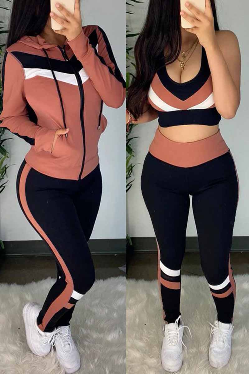 Pink Casual Sportswear Patchwork Solid Split Joint Hooded Collar Long Sleeve Short Two Pieces