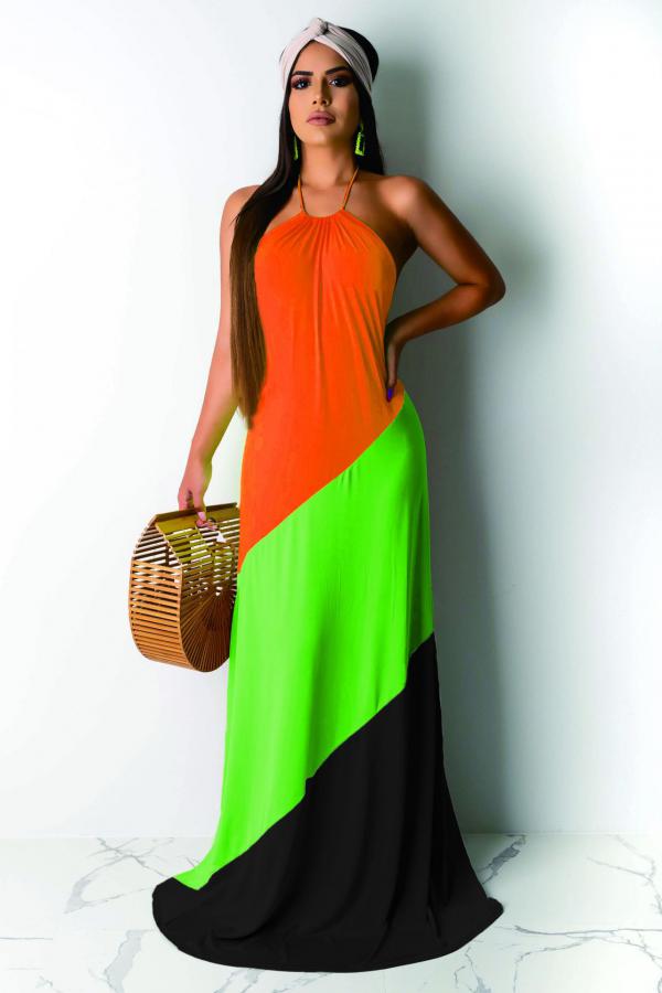 Orange Polyester Sexy Fashion Off The Shoulder Sleeveless Halter Neck Step Skirt Floor-Length backless Patc