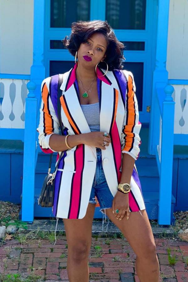 Multi-color Notched Print contrast color Striped Polyester Striped Long Sleeve Blazer & Suits & Jacket