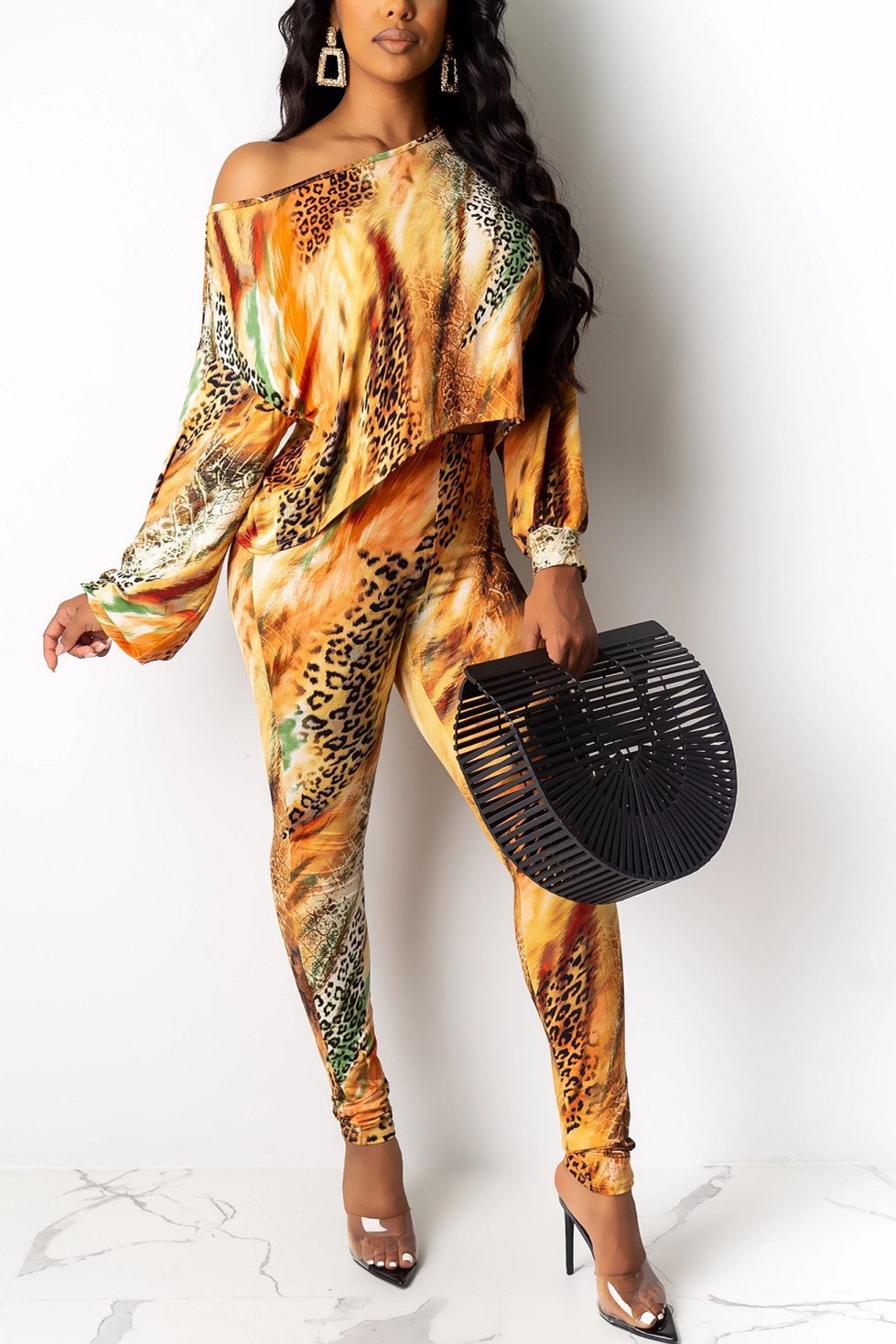 Multicolor Sexy Leopard Print One Shoulder Loose Two Piece Suit