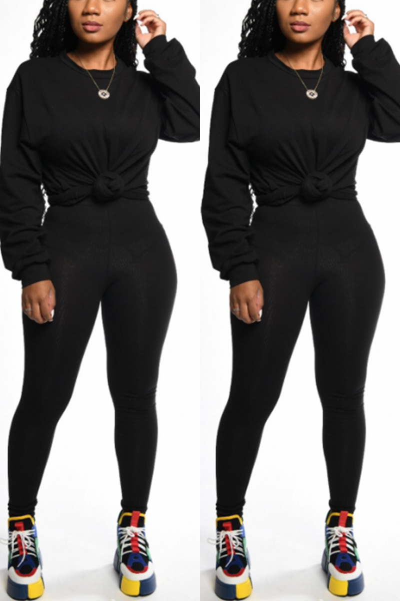 Black Polyester Lightly cooked Solid Two Piece Suits pencil Long Sleeve Two-piece Pants Set