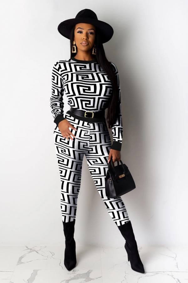 Black and white adult Casual Fashion Print Patchwork Striped pencil Long Sleeve Two-piece Pants Set