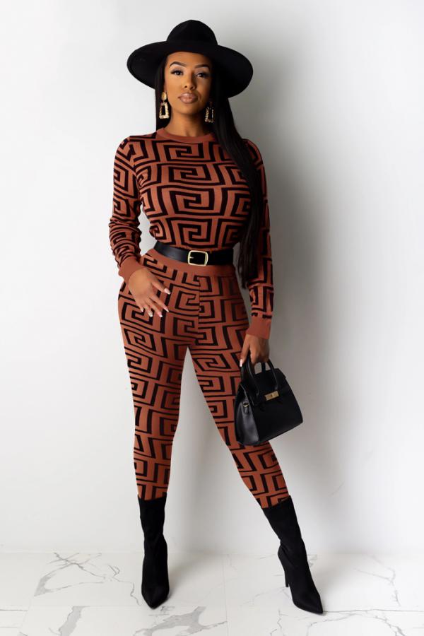 Brown adult Casual Fashion Print Patchwork Striped pencil Long Sleeve Two-piece Pants Set