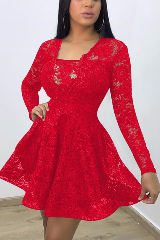 Red Lace Sexy Cap Sleeve Long Sleeves V Neck Swagger Knee-Length backless Patchwork hollow out lace Soli