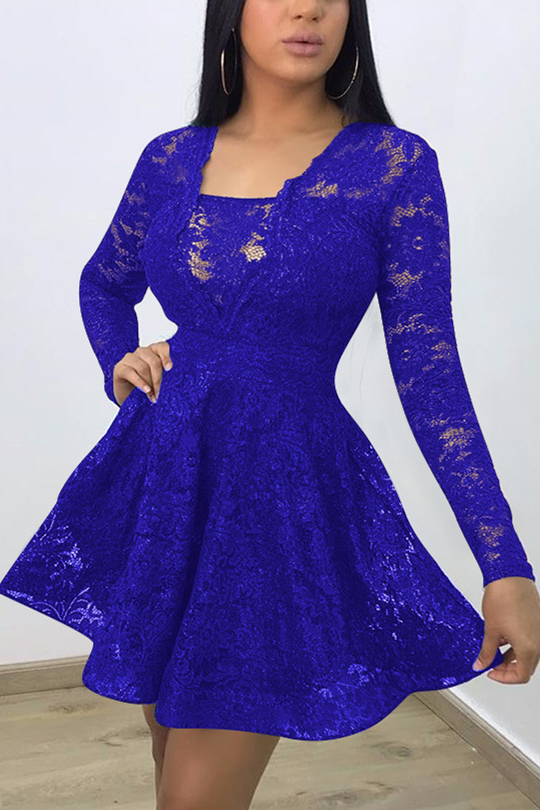 Blue Lace Sexy Cap Sleeve Long Sleeves V Neck Swagger Knee-Length backless Patchwork hollow out lace Soli