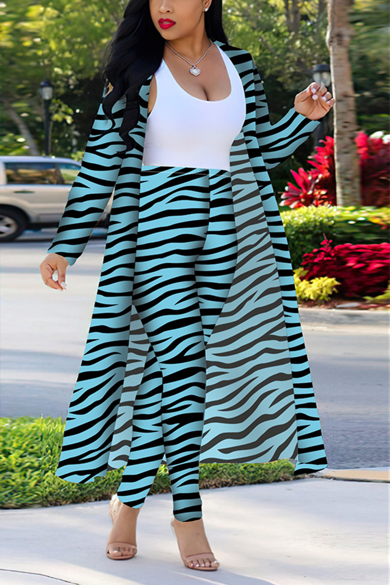 Blue Fashion Casual Zebra Print Long Sleeve Two-Piece Suit