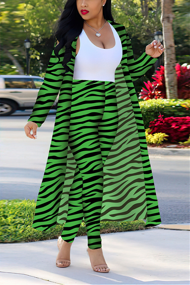 Green Fashion Casual Zebra Print Long Sleeve Two-Piece Suit