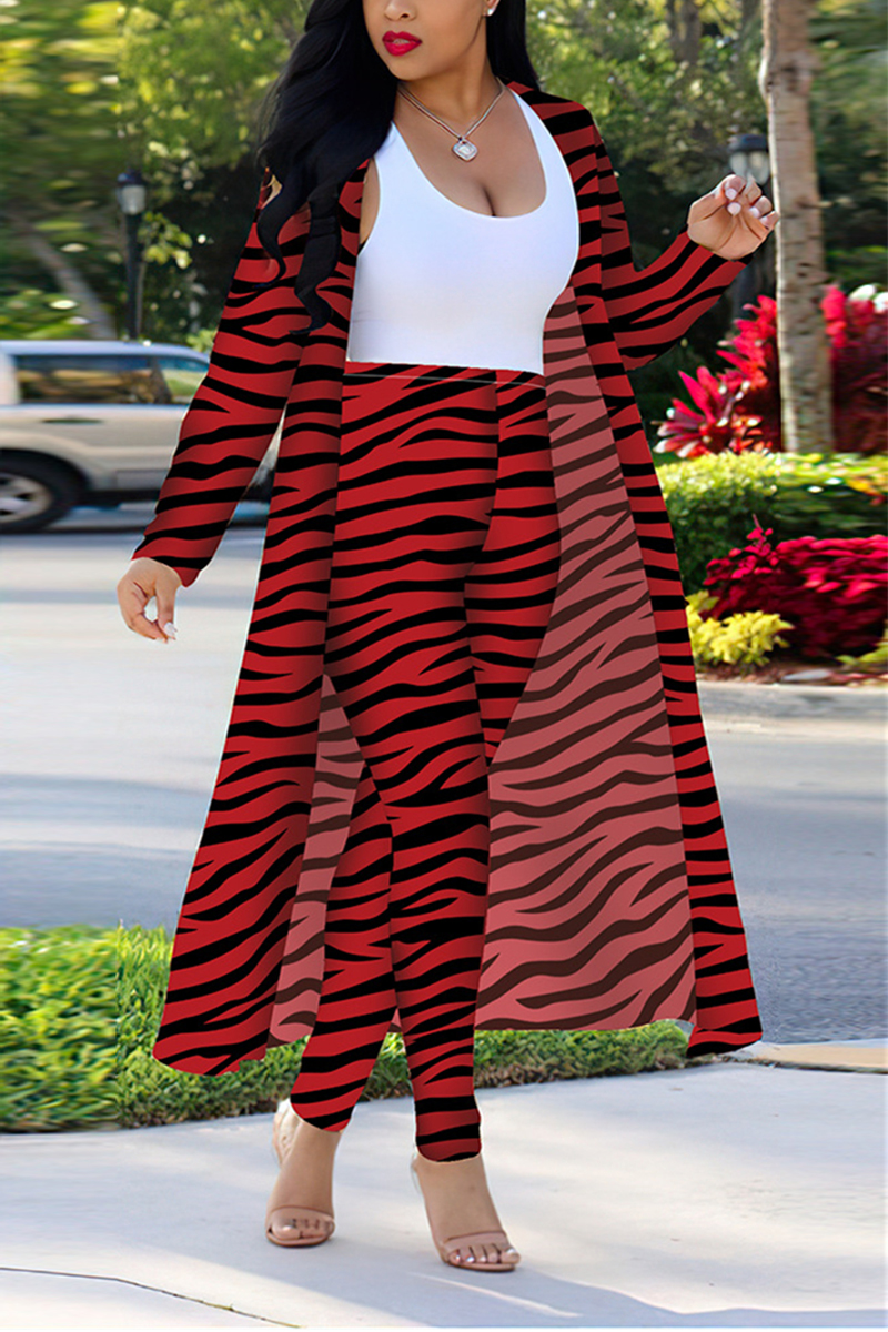 Red Fashion Casual Zebra Print Long Sleeve Two-Piece Suit