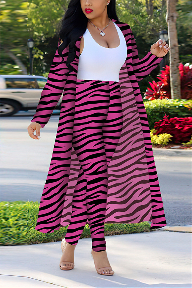 Rose Red Fashion Casual Zebra Print Long Sleeve Two-Piece Suit