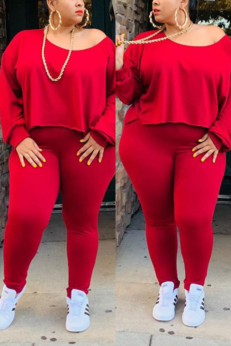 Red Women Fashion Casual Big Size Solid Suit