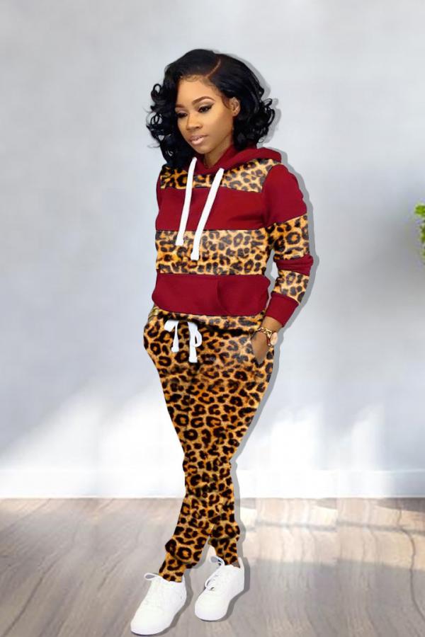 Wine Red Cotton Casual Fashion adult Patchwork Leopard Print Two Piece Suits pencil Long Sleeve