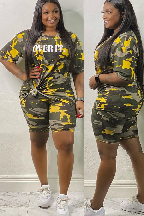 Yellow Cotton Fashion Casual adult Ma'am O Neck Letter Camouflage Two Piece Suits Stitching Plus Size