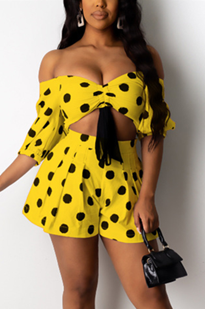 Yellow Sexy Polka Dot Print Skirt Two-piece Set