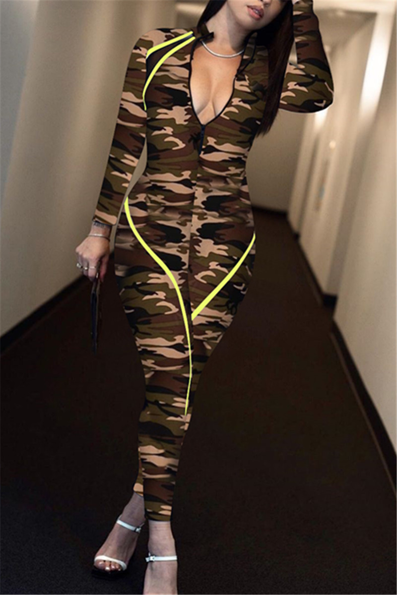 Green Fashion Sexy Camouflage Long Sleeve Jumpsuit