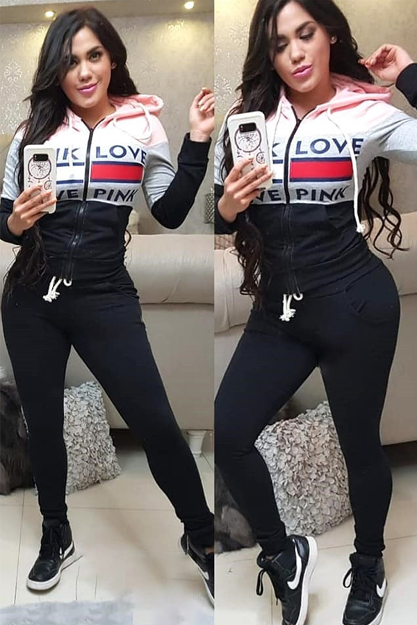Black Active Fashion adult Patchwork Two Piece Suits Letter Print Zippered pencil Long Sleeve