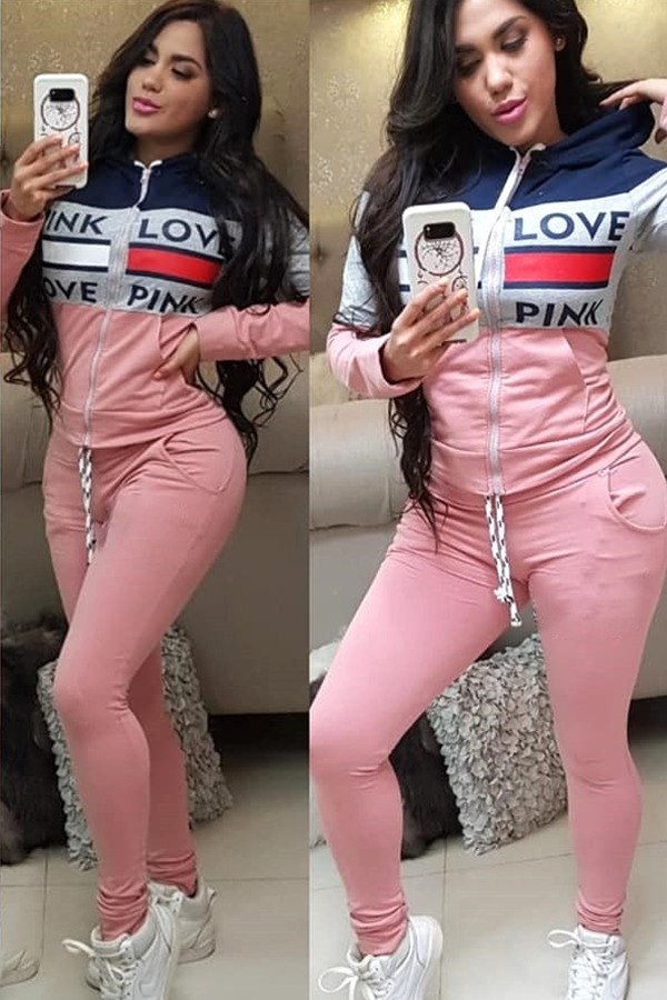 Pink Active Fashion adult Patchwork Two Piece Suits Letter Print Zippered pencil Long Sleeve