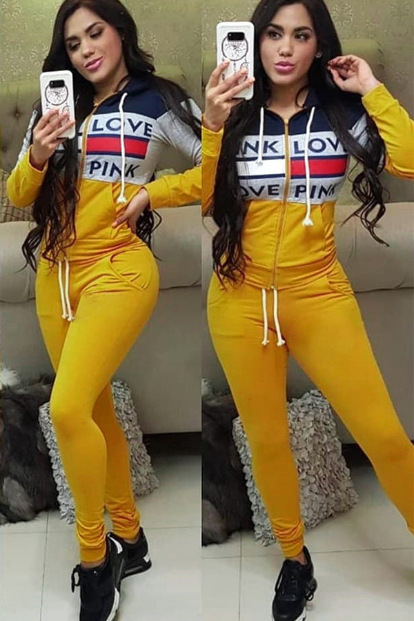 Yellow Active Fashion adult Patchwork Two Piece Suits Letter Print Zippered pencil Long Sleeve