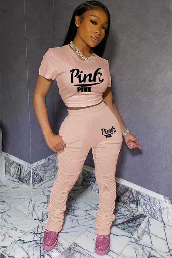 Pink adult Sexy Fashion Print Two Piece Suits Patchwork Letter pencil Short Sleeve