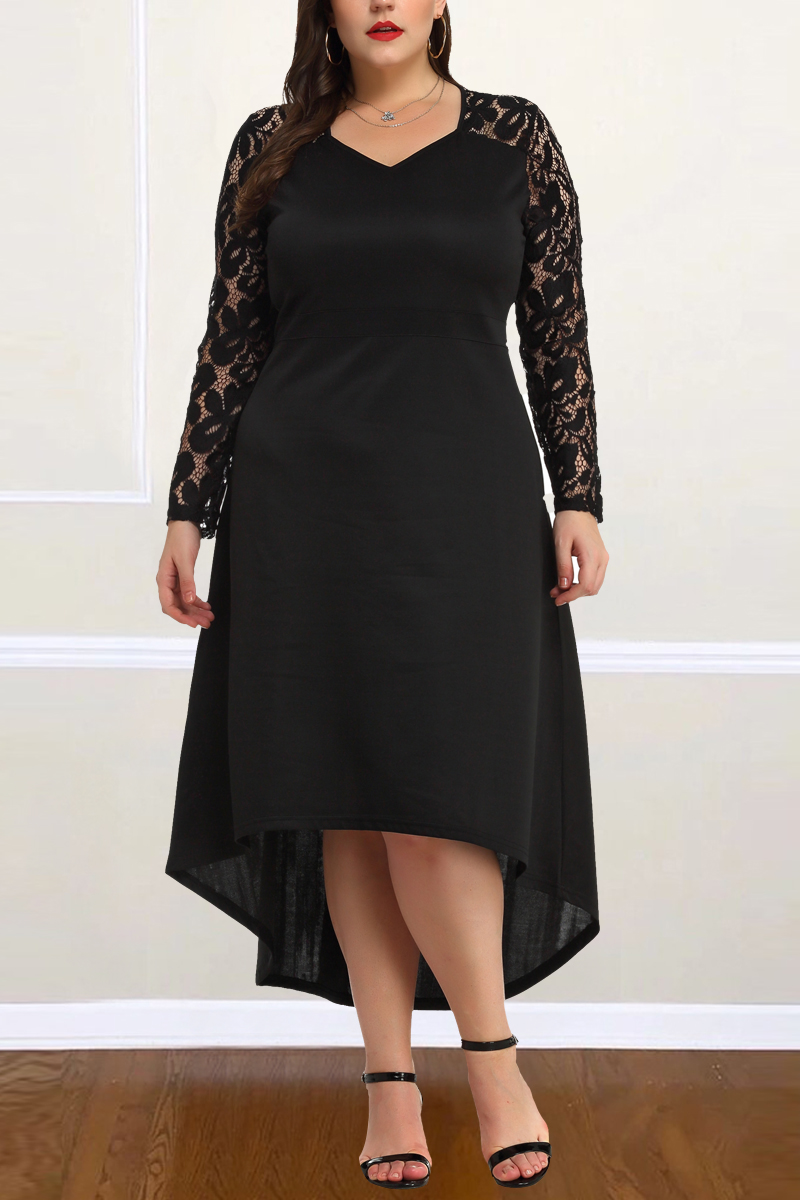 Black Fashion Sexy V-Neck Lace Long-Sleeved Dress