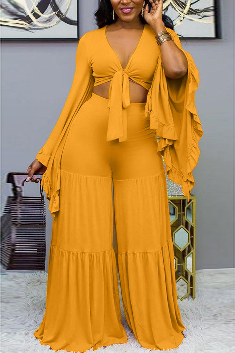 Yellow Sexy Solid Ruffled Large Bell Sleeve Two-Piece Suit
