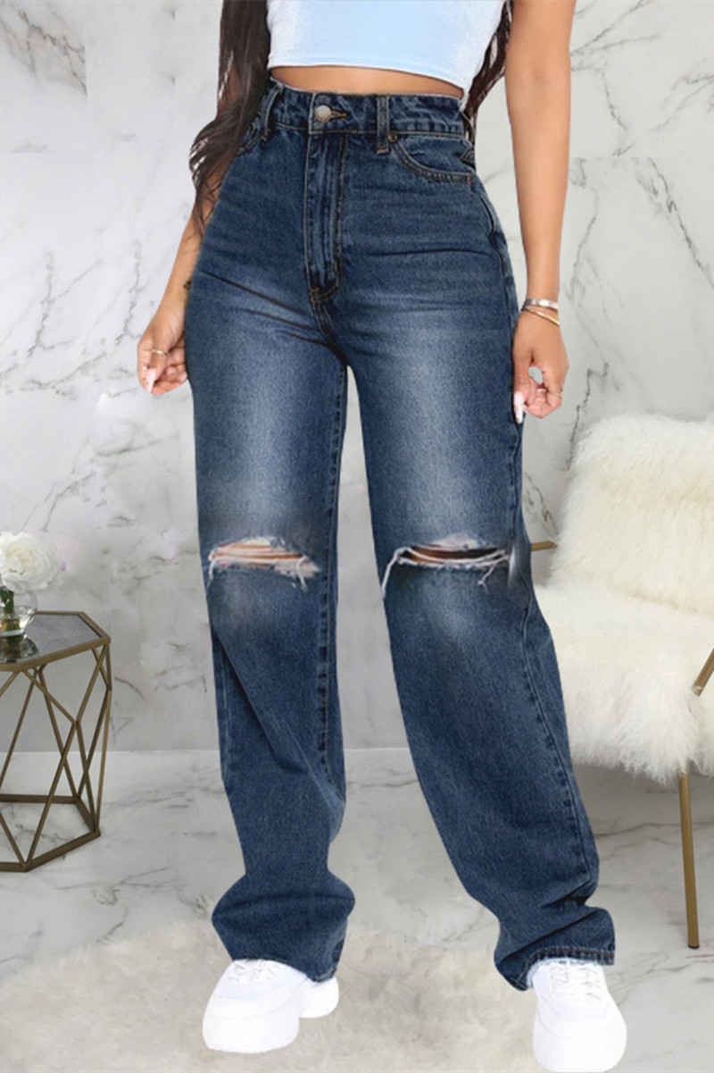 Wholesale Dark Blue Fashion Casual Solid Ripped High Waist Straight