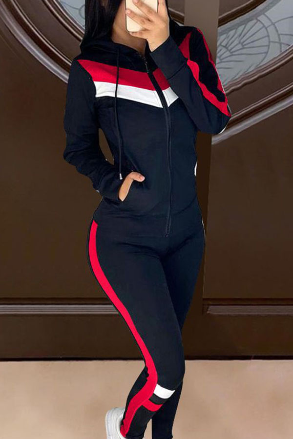 Dark Blue Casual Sportswear Patchwork Solid Split Joint Hooded Collar Long Sleeve Short Two Pieces