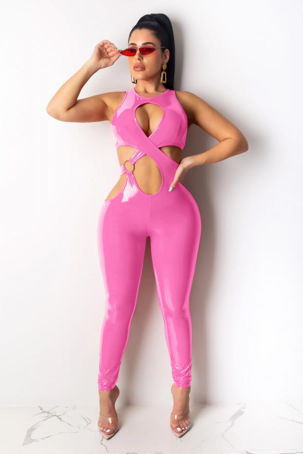 Pink Sexy Fashion Solid Asymmetrical Hollow PU Sleeveless O Neck Jumpsuits