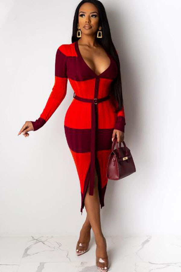 Red Sexy Cap Sleeve Long Sleeves V Neck Step Skirt Mid-Calf fastener Print asymmetrical