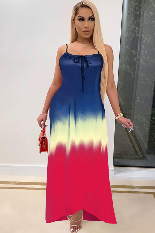 Red and blue Fashion adult Sexy Spaghetti Strap Sleeveless Slip Swagger Ankle-Length Print Colouring asymm
