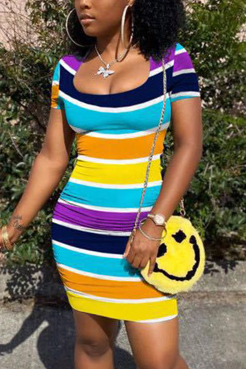 Colorful Fashion Striped Print Short Sleeved Dress