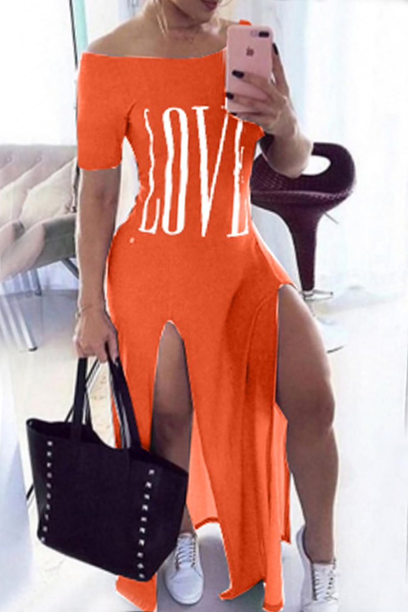 Orange Sexy Letter Printed Off Shoulder Dress