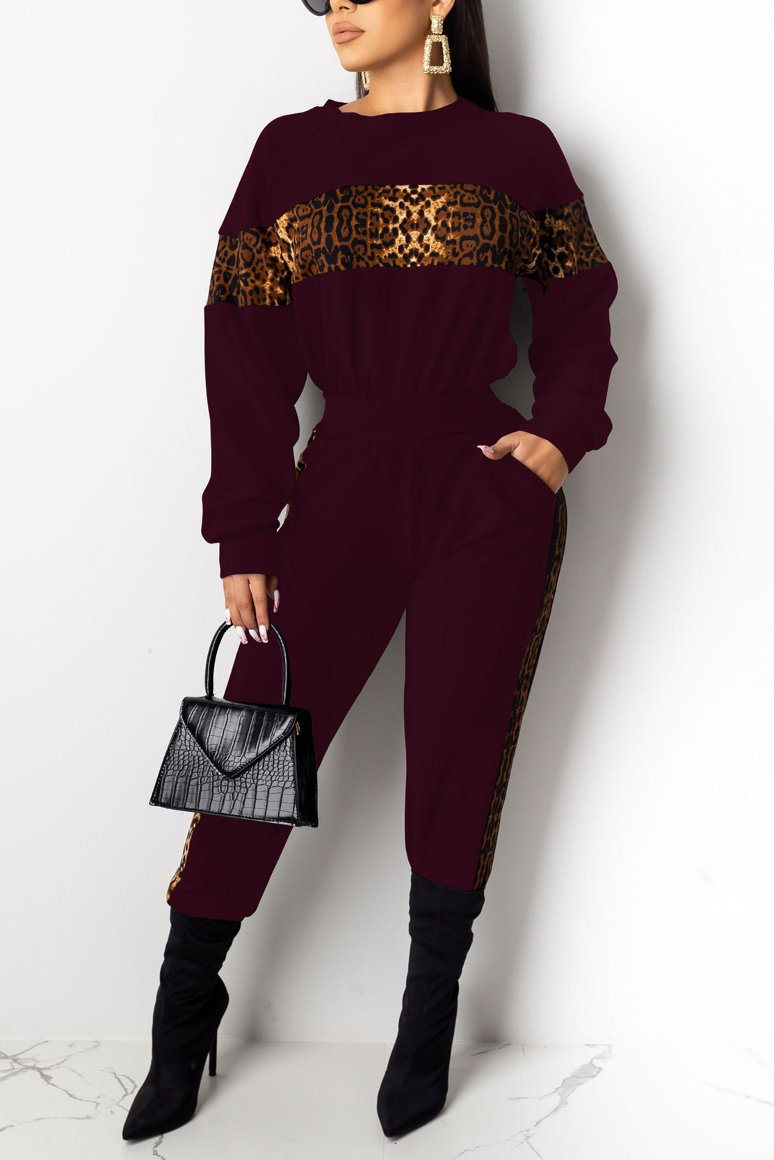 Red Casual Sports Leopard Print Splicing Long Sleeve Two-Piece Suit