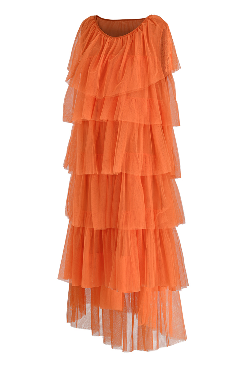 Wholesale Orange Casual Solid Patchwork Flounce O Neck Cake Skirt