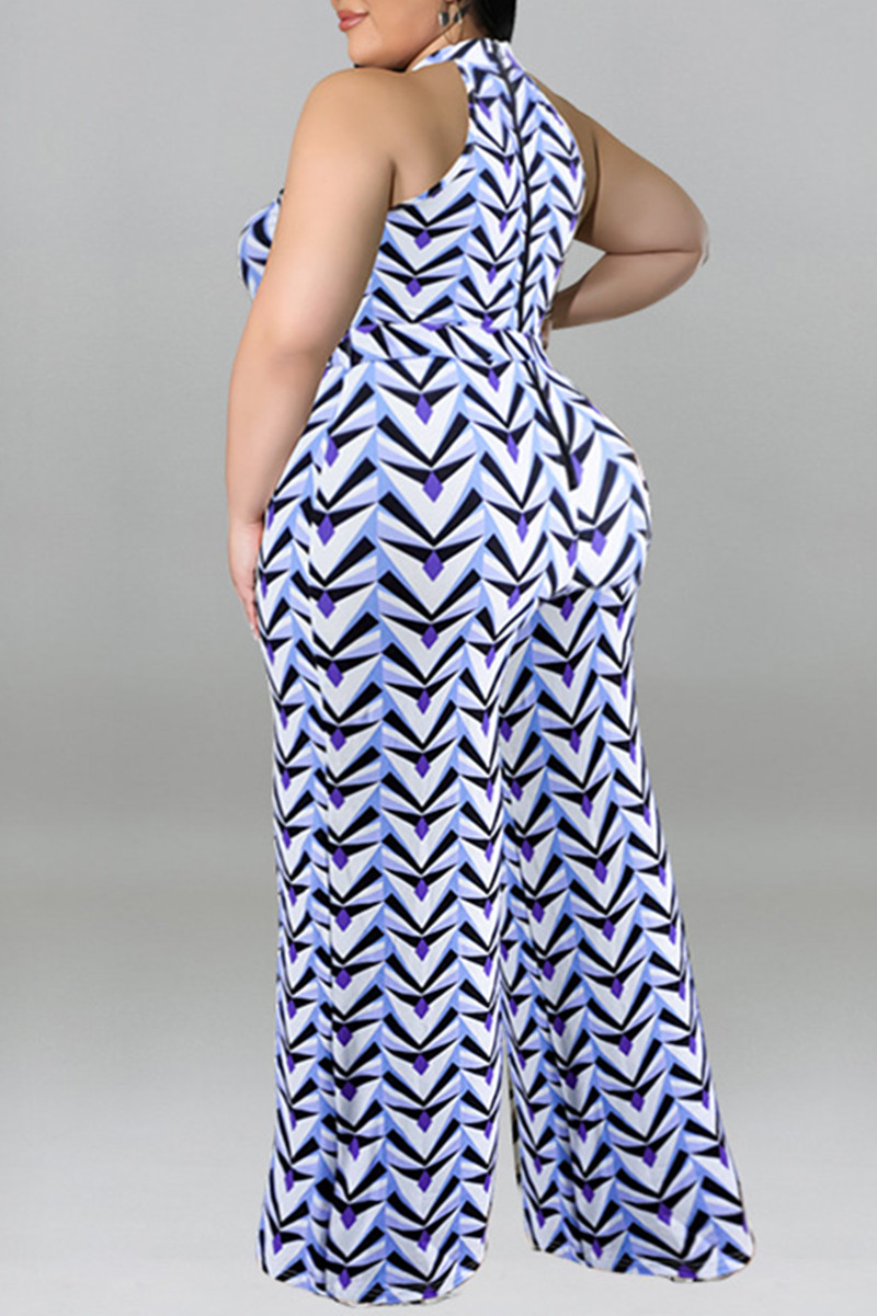 Wholesale Blue Fashion Casual Print Basic O Neck Plus Size Jumpsuits