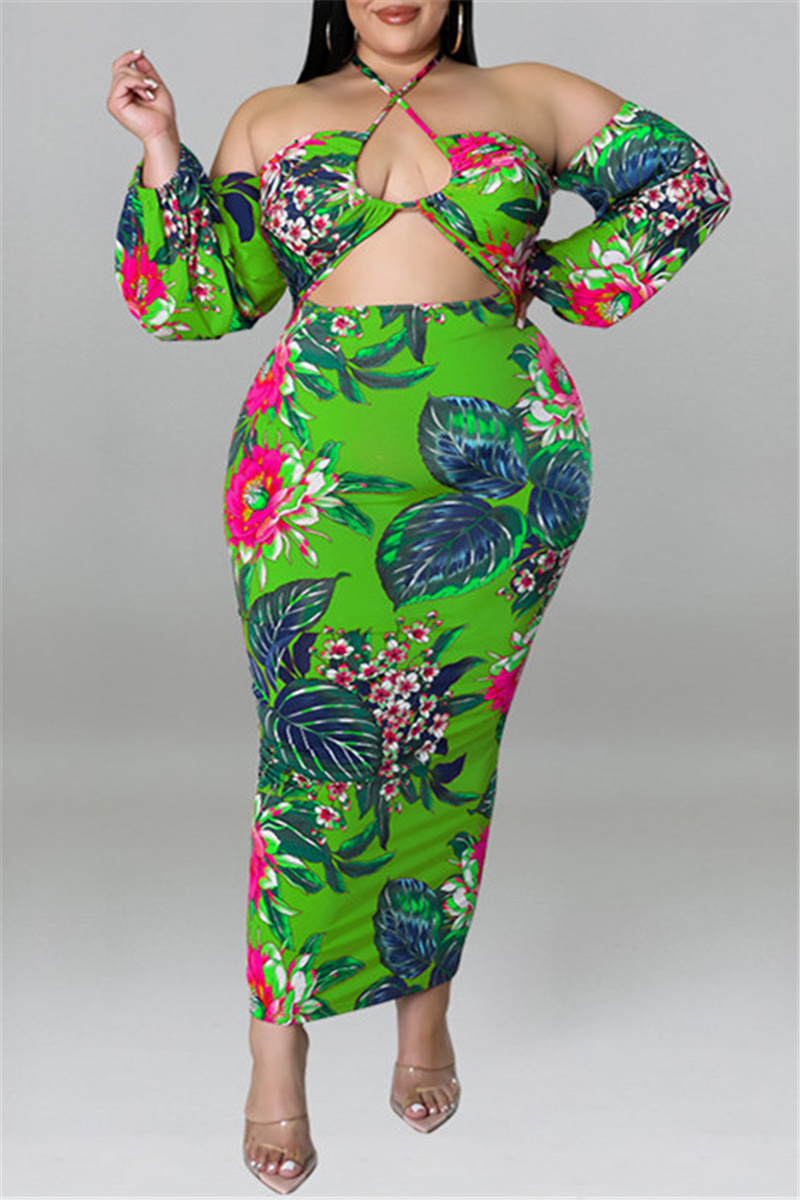 Green Fashion Sexy Print Hollowed Out Backless Halter Long Sleeve Plus