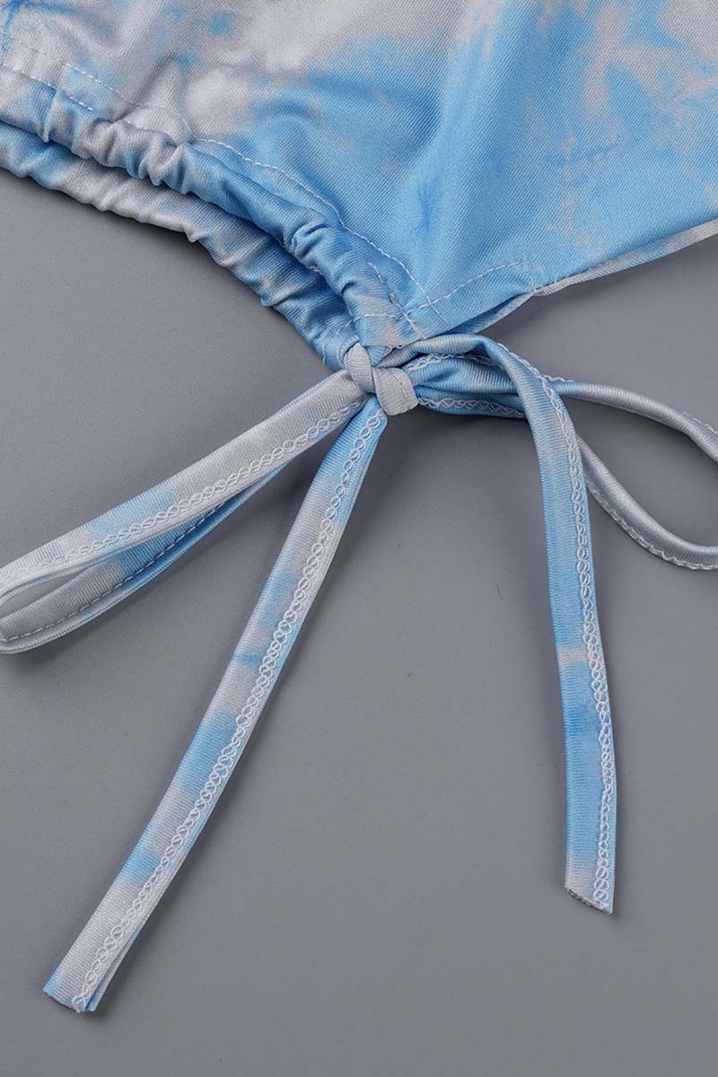 Wholesale Blue Casual Print Tie Dye Draw String Frenulum Fold O Neck